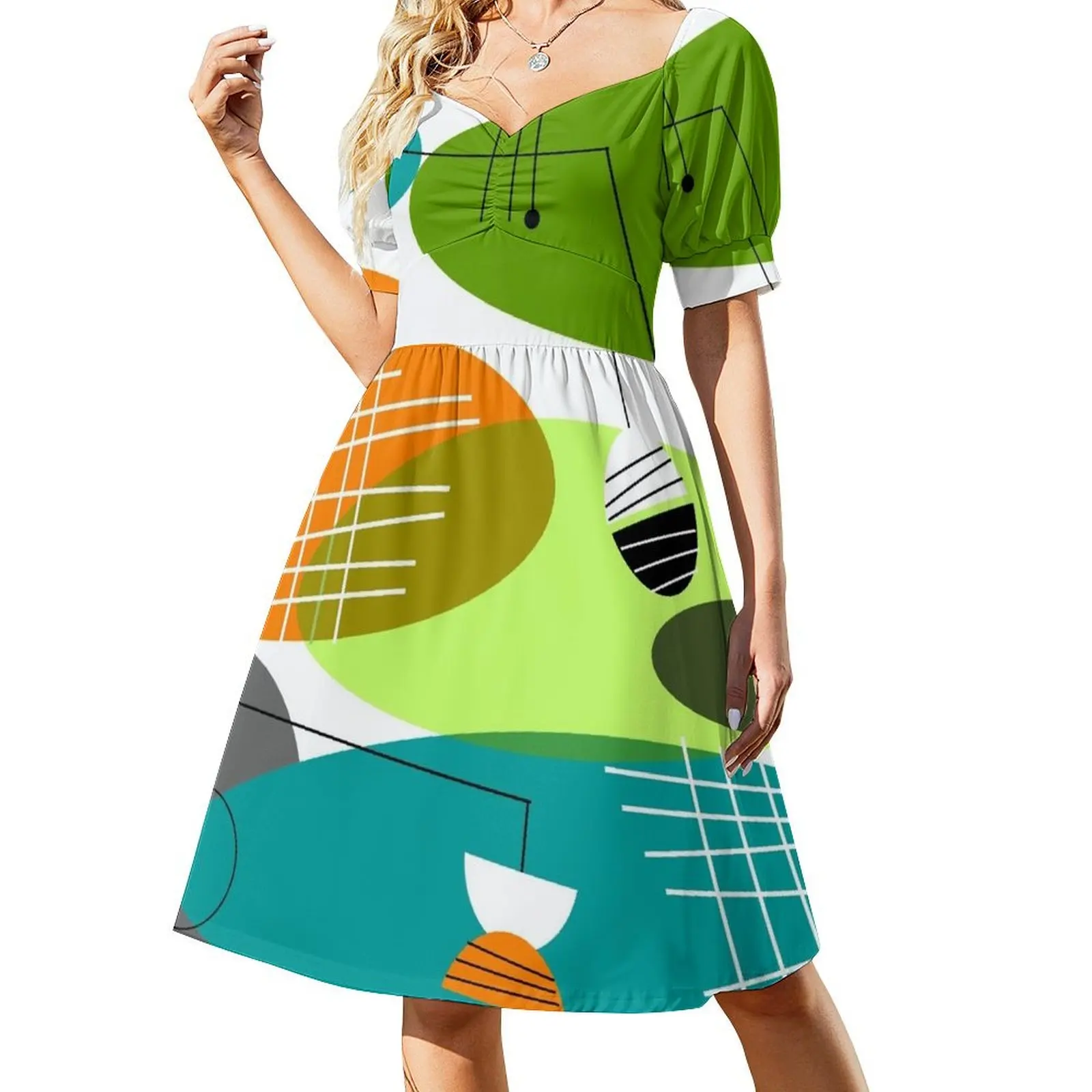 thumbnail image 1 of Vestido de manga corta con óvalos modernos de mediados de siglo, ropa de mujer verano , vestido de noche de lujo para mujer, vestido de noche largo., 1 of 8