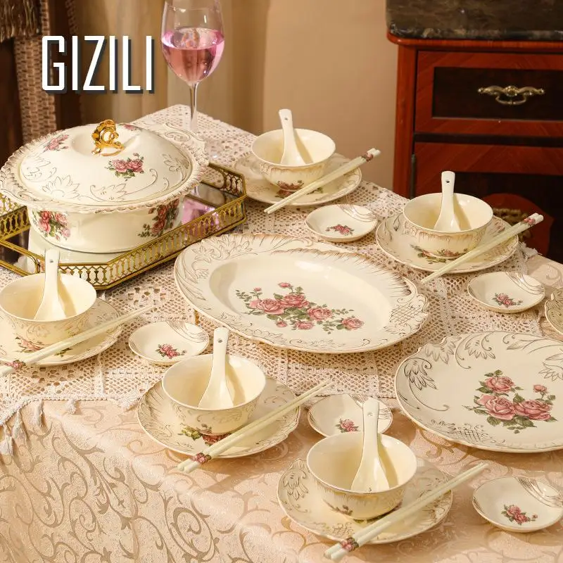 European Style Vintage Rose Ceramic Dinner Plate Dessert Dish Western Food Dinner Plate Household Tableware Decoration