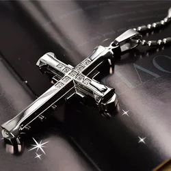 Elegant Crystal Cross Jesus Pendant Necklace in Gold, Black, or Blue Zirconia on Stainless Steel (Silver)