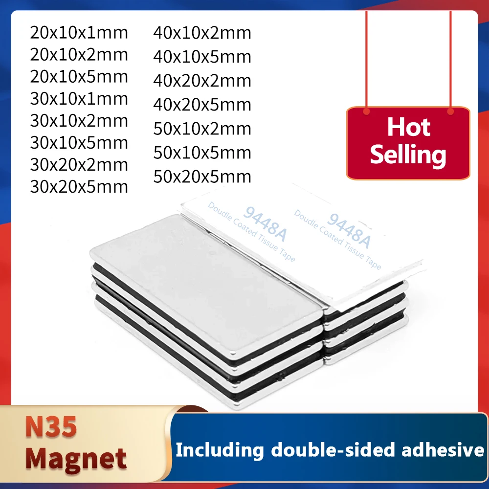 40x20x2mm Block Strong Powerful Neodymium Magnets With 3M Self-Adhesive 20x10x2 2/5/10/15/20/50PCS