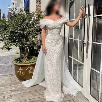 Customized White Party Dresses Floor-Length Prom Dress Sequins One Shoulder With a Shawl robes de soirée Taffeta ﻿