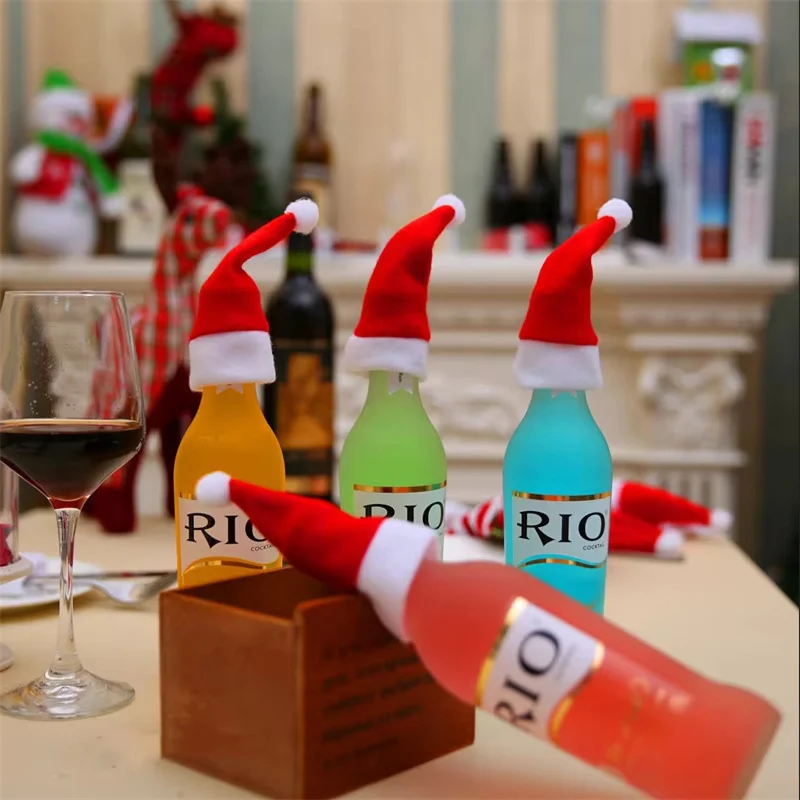 Christmas Decoration 12cm Christmas Hat Knife And Fork Cover Champagne Wine Bottle Cover Pulley Cloth Hat Cutlery Set