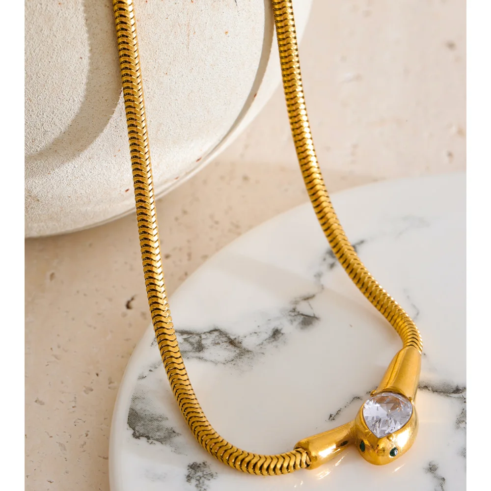 Yhpup Necklace with Snake Pendant, Waterproof Stainless Steel Zirconia