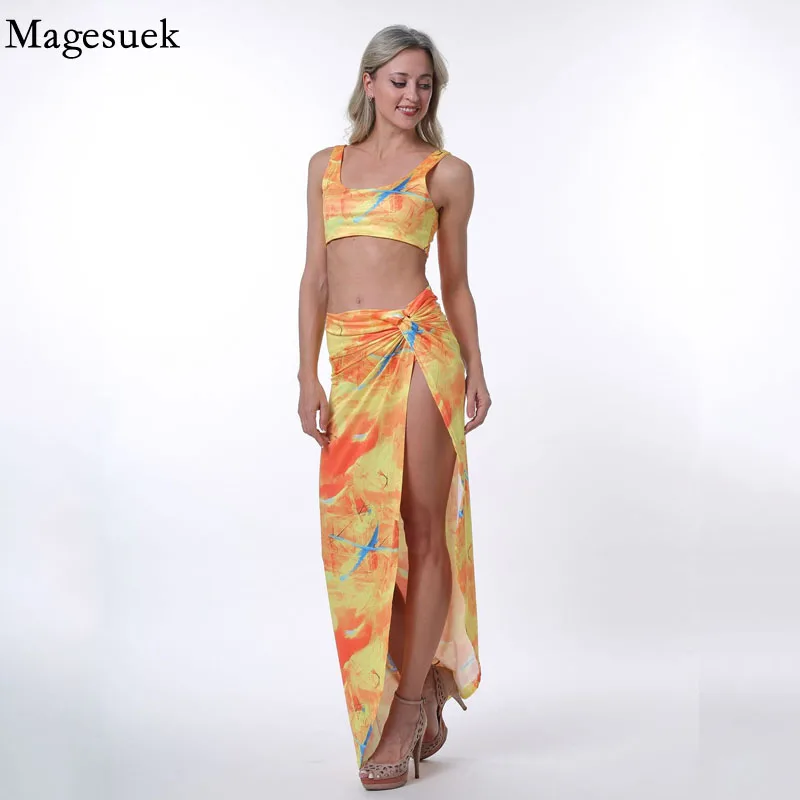 

Summer Women Y2k Two Piece Set Sexy Tube Tops High Slit Skirts Sets Casual Party Club Long Skirt Beach Outfits for Women 21375