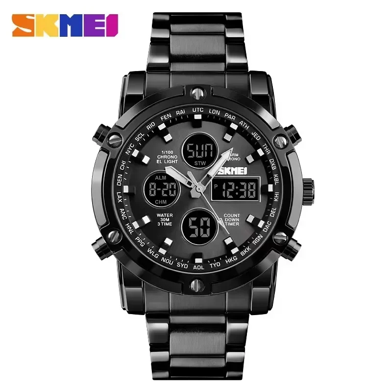 SKMEI 1389 Countdown Steel Strap Wristwatch Clock Relogio Masculino Digital Quartz Watch Men Three Time Quartz Wrist Mens Watch