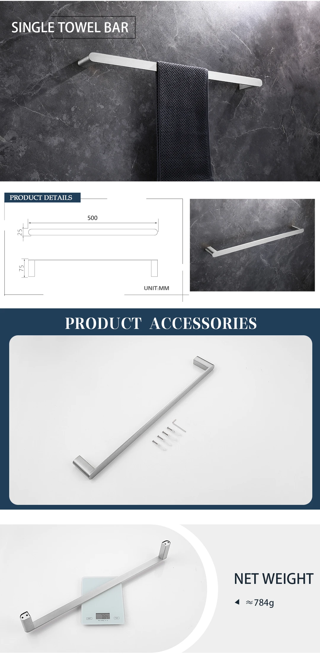 Brushed Bathroom Hardware Accessories Set  Brass Kit Towel Bar Ring Robe Hook Paper Holder Towel Ring Toilet Brush