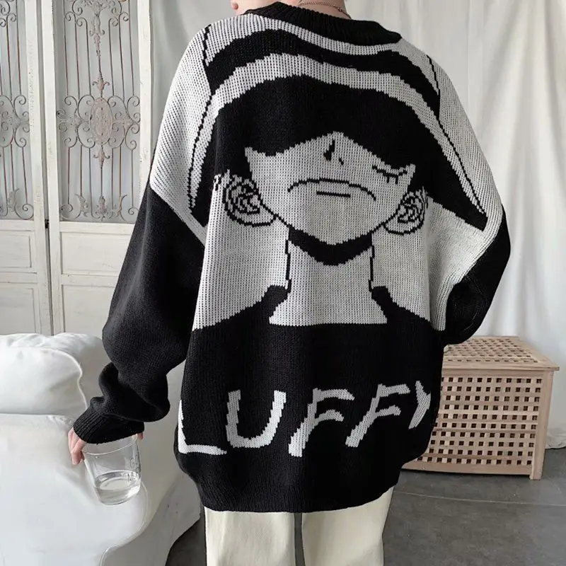 

Winter Japan Anime Oversized Sweater Cartoon Luffy Knitwear Cute Long Sleeve Fashion Tops Pullovers Black White Vintage Clothes