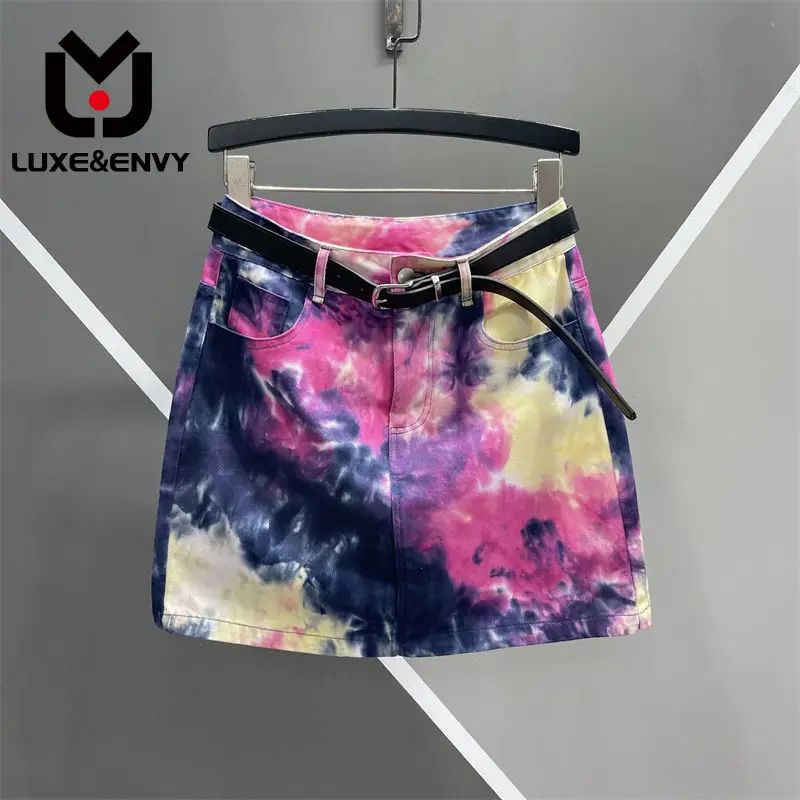 

LUXE&ENVY Personalized Tie Dye Design Senses Spicy Girls High Waist Denim Short Skirt New Slim A-line Wrapped Hip 2023 Autumn