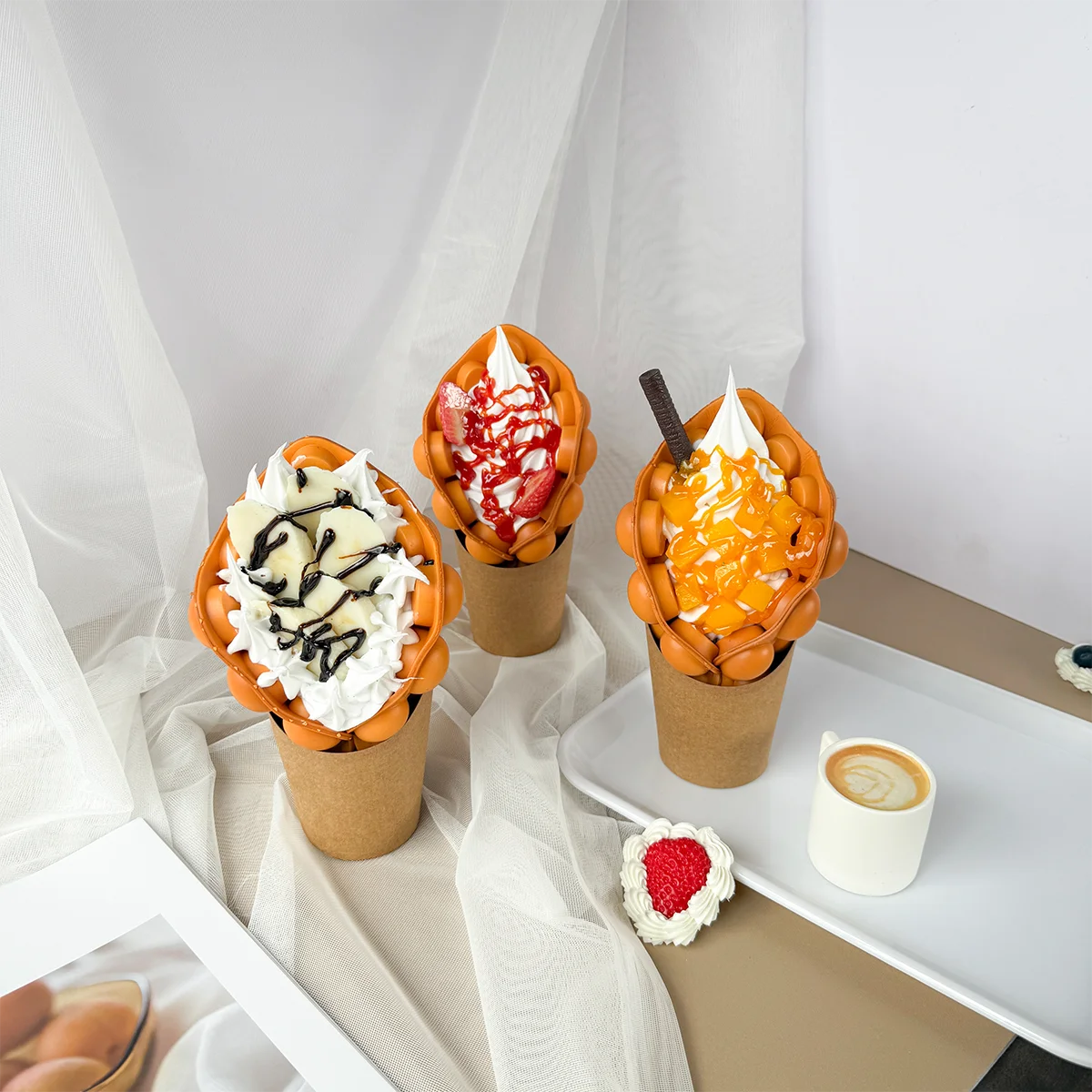Fake Food Simulation Props Sample Display Egg Chocolate Bubble Waffle Porp Ice Cream Colorful Raspberry Lifelike Hongkong Lotus