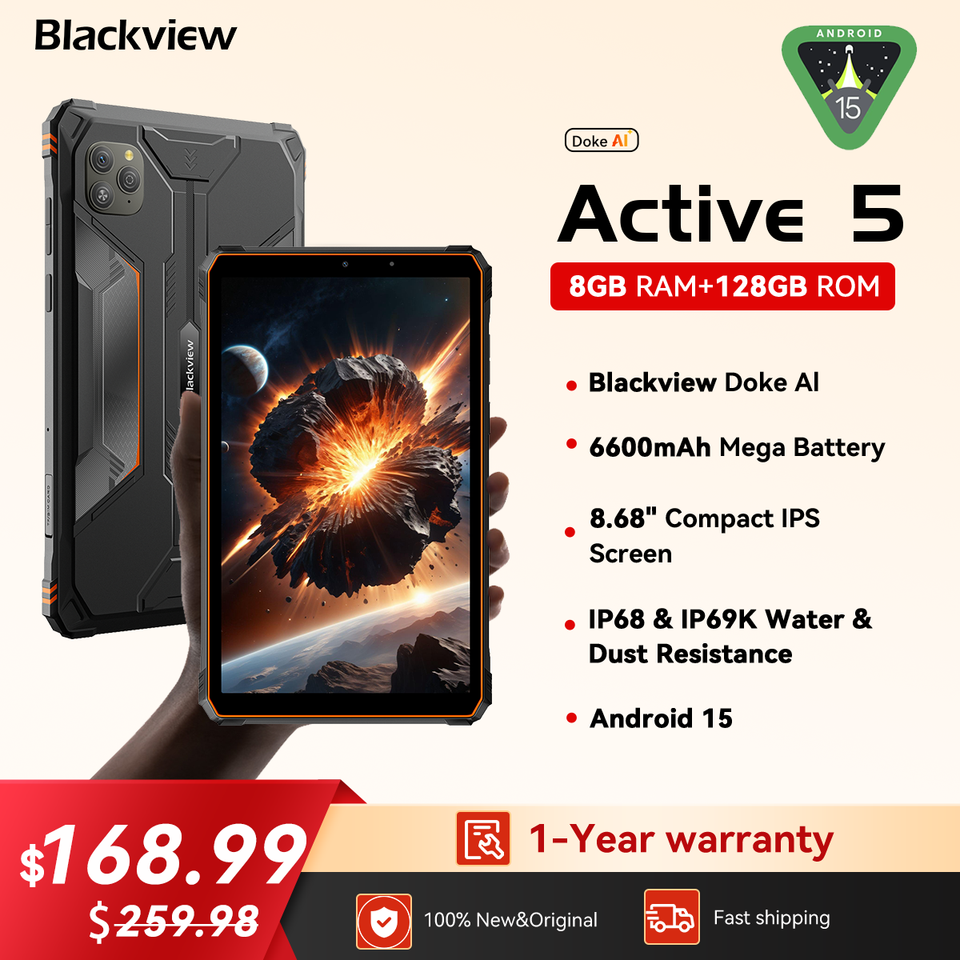  Blackview Active 5 8.68'' Rugged Tablet PC, Unisoc T615 Octa Core,8GB+128GB,6600mAh Battery Android 15,Mini Pad,Global Version 