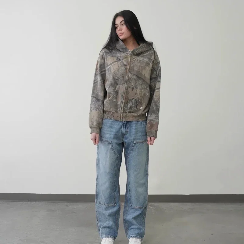 American retro do old camouflage zip up hooded jacket men and women spring and fall workwear jacket Y2K sweatshirt  streetwear 6