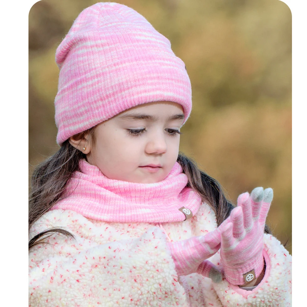 3pcs Winter Set for Children Knit Striped Beanies Kids Scarf Double Layer Plush Lining Winter Hat Snood Gloves Set for Girl Boy