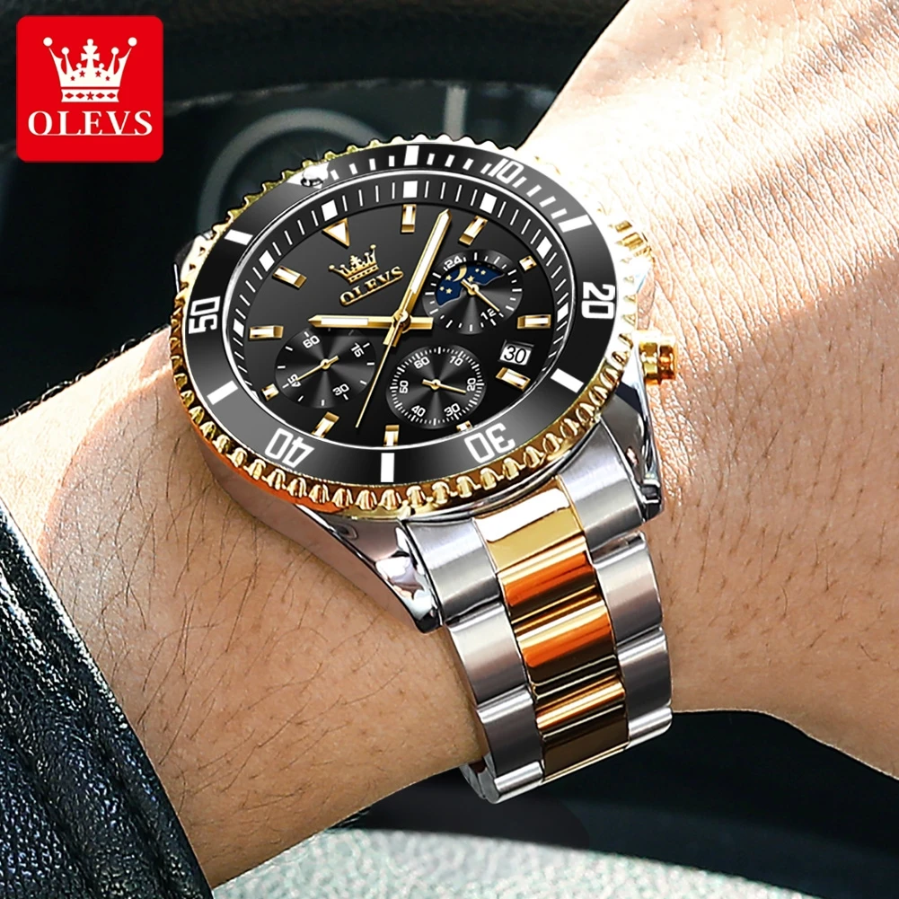 OLEVS Luxury Chronograph Quartz  Watch for Men Stainless Steel Sports Waterproof Wristwatches  Date Luminous Hands Mens Watches