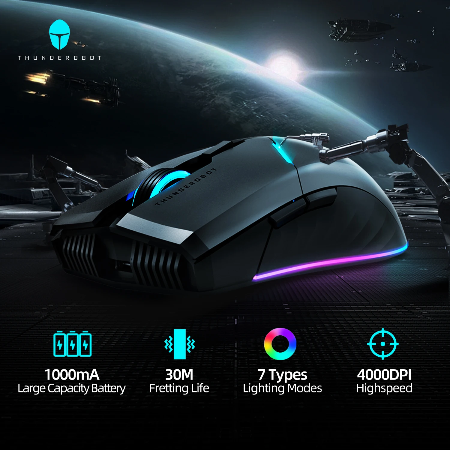 Mouse sem Fio para Jogos Recarregável com Fio 2.4g 4000 Dpi 1000mah Rgb Apto para Laptop pc Gaming Thunderobot-ml701 - Imagem 2