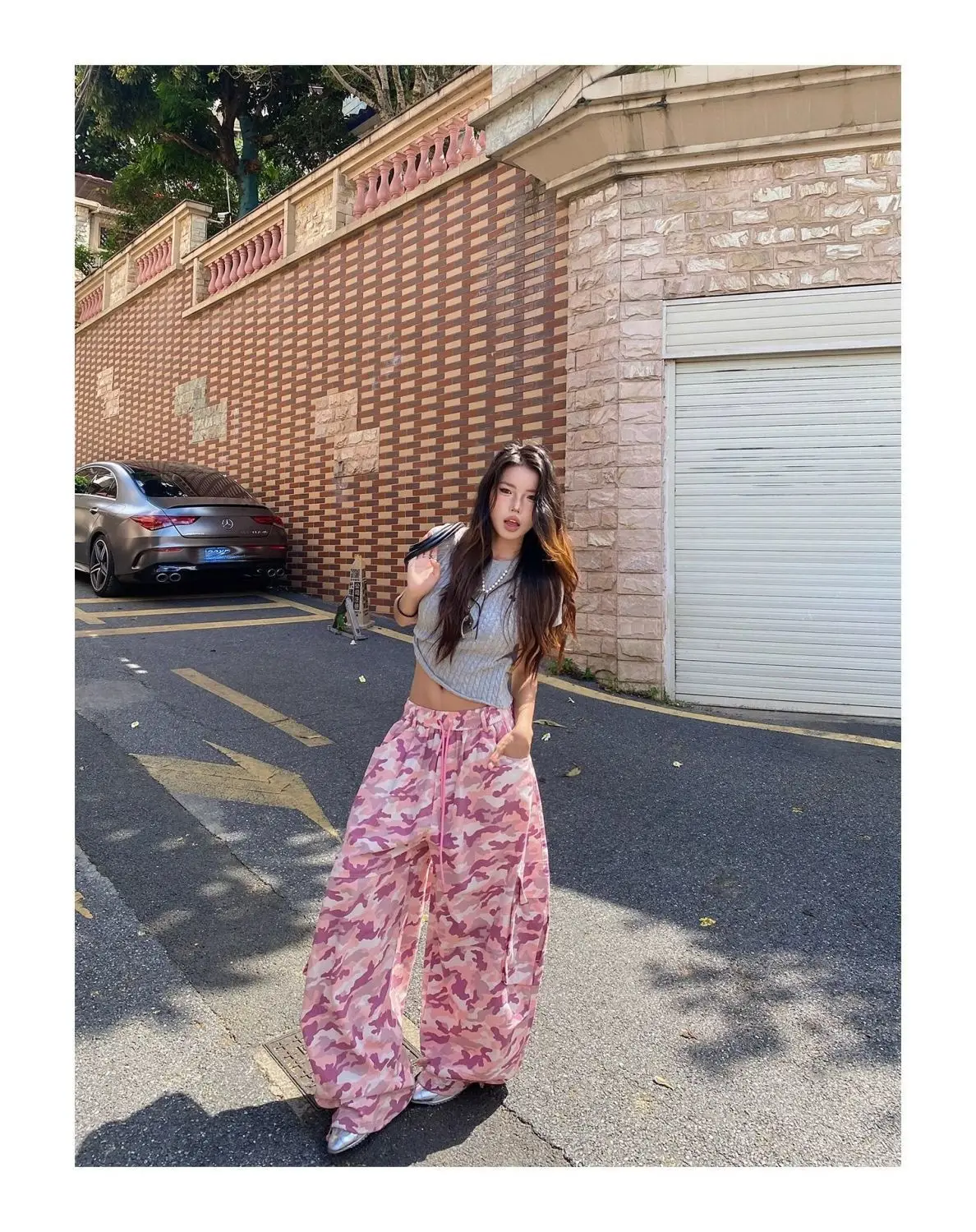Unique Pink Camouflage Cargo Pants High Waisted Wide Leg Casual Streetwear with Drawstring Waist & Side Pockets Hip Hop Dance