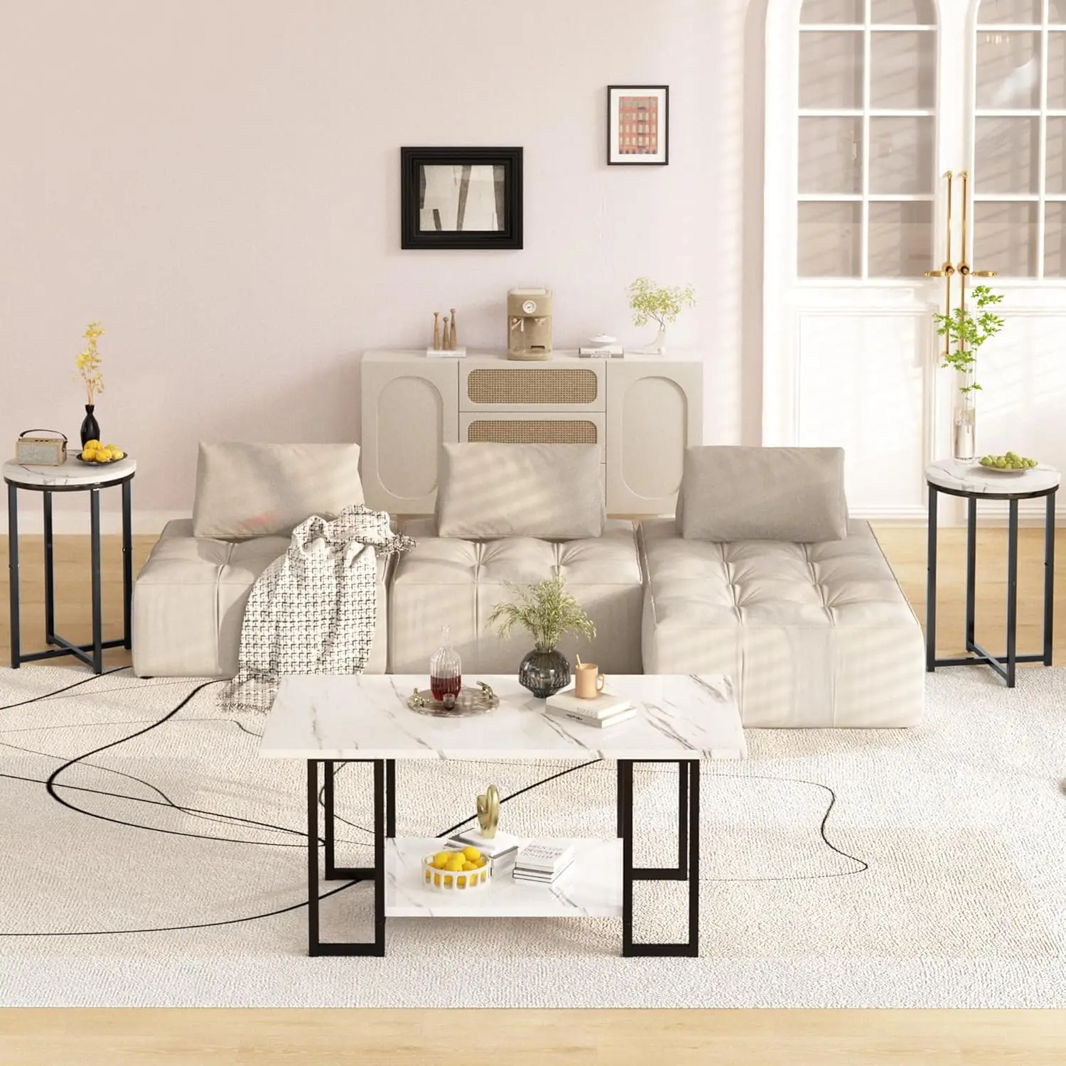 3 Pieces Living Room Table Set, Faux Marble Coffee Table with 2 Round End Side Tables, Coffee Table Set with Metal Frame 5