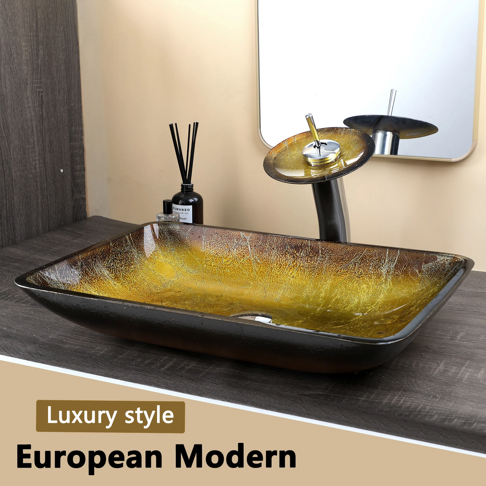 KEMAIDI Bathroom Vessel Sink Oval Glass Big Square Vessel Sink with Waterfall Faucet Mixer Bathroom Sink Above Counter Basin 3