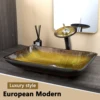 KEMAIDI Bathroom Vessel Sink Oval Glass Big Square Vessel Sink with Waterfall Faucet Mixer Bathroom Sink Above Counter Basin 3