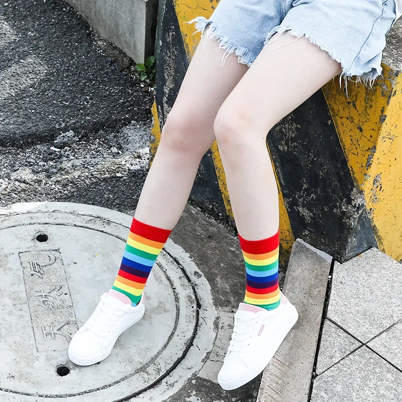 Women Sock Rainbow Striped Elasticity Sweat Long Sock Sporty 1 Pair