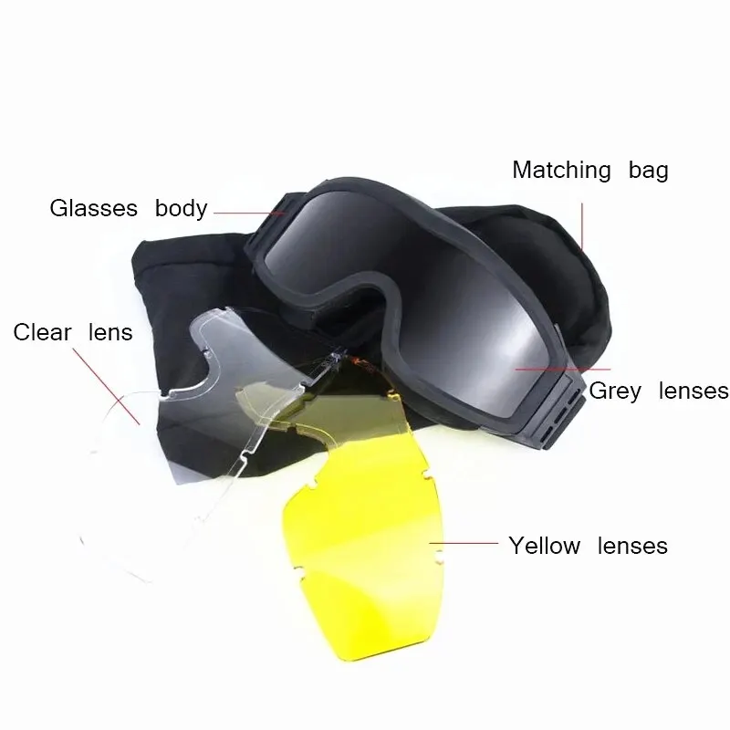 Polarized sports glasses Tactical goggles Shooting glasses Airsoft Tactical Goggles 3 Lens Wind Dust Proof Shooting Motocross Motorcycle Mountaineering Glasses Safe UV Protection