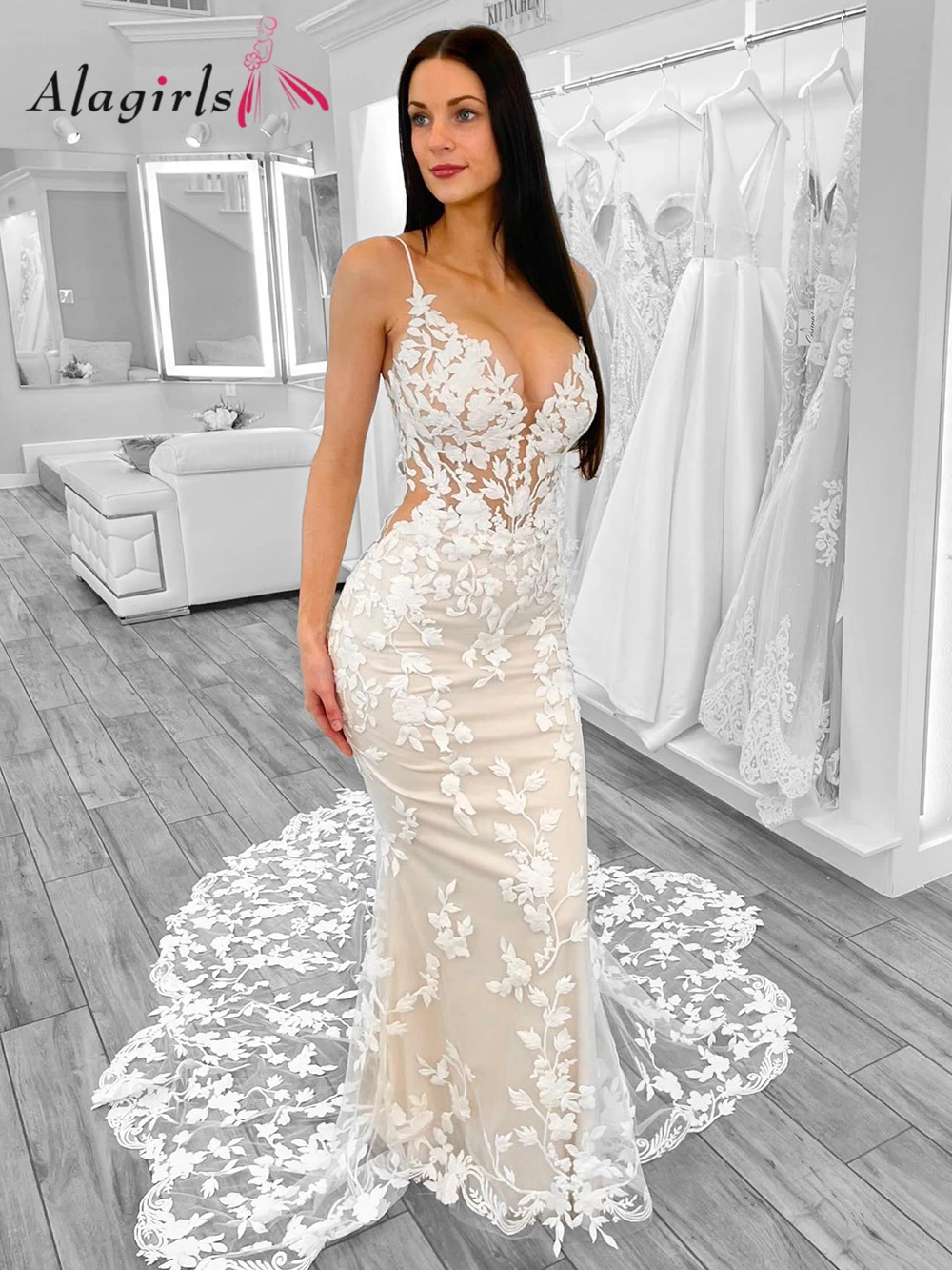 ALAGIRLS-New-Dress-V-Neck-Sexy-Beach-Wedding-Dress-Mermaid-Lace