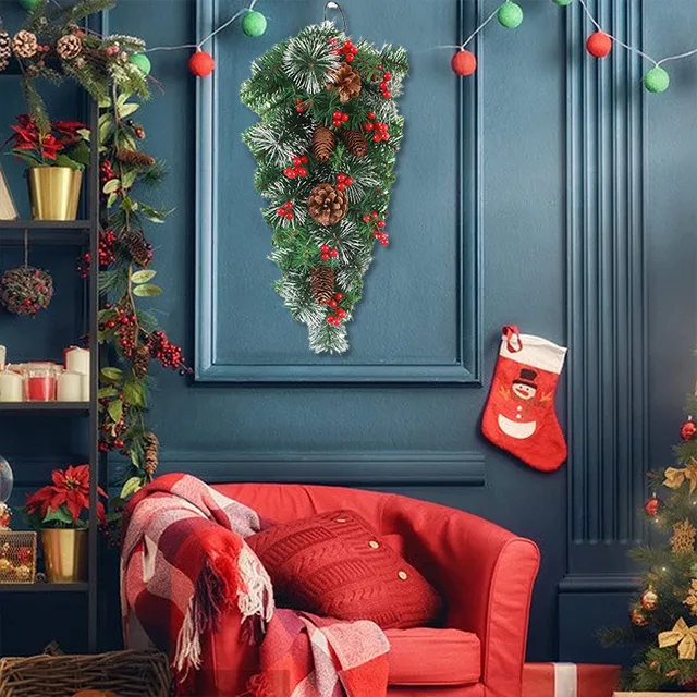 Karácsonyi Mesterséges Szajré Könnycsepp Koszorú Bejárati Ajtó Bogyóval És Fenyő Kúpokkal Otthoni Dekorációhoz - Image 3