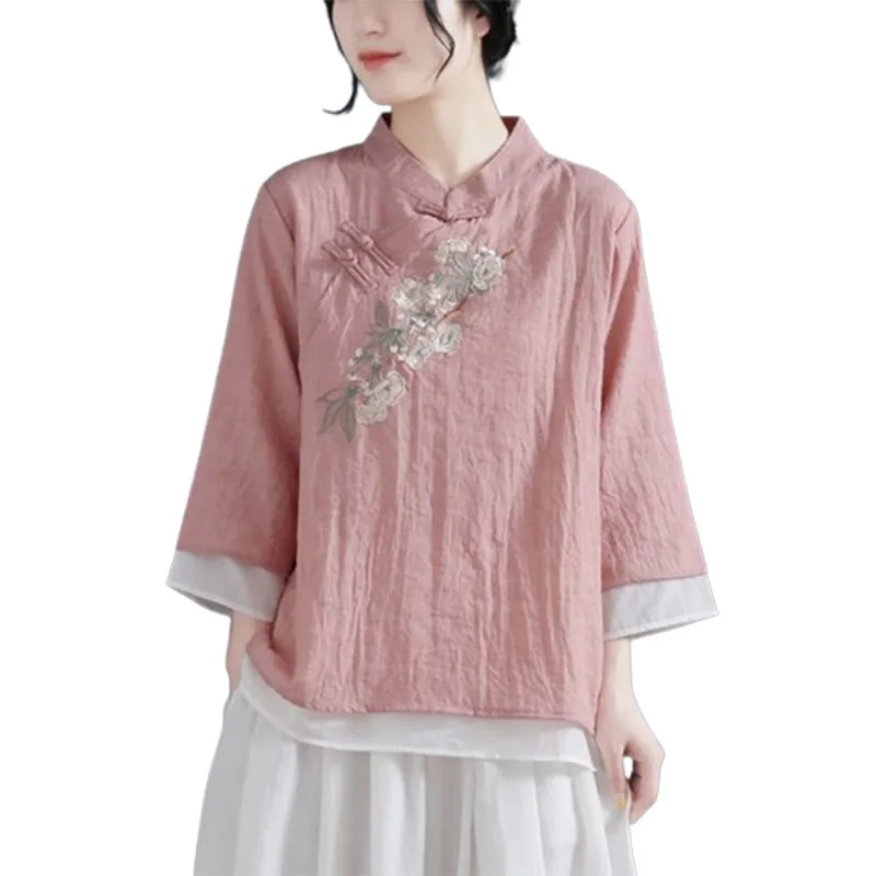 2024 Spring Summer New Chinese Style Cotton Hemp Round Neck Three Quarter Shirt Women Vintage Elegant Embroidered Pullovers