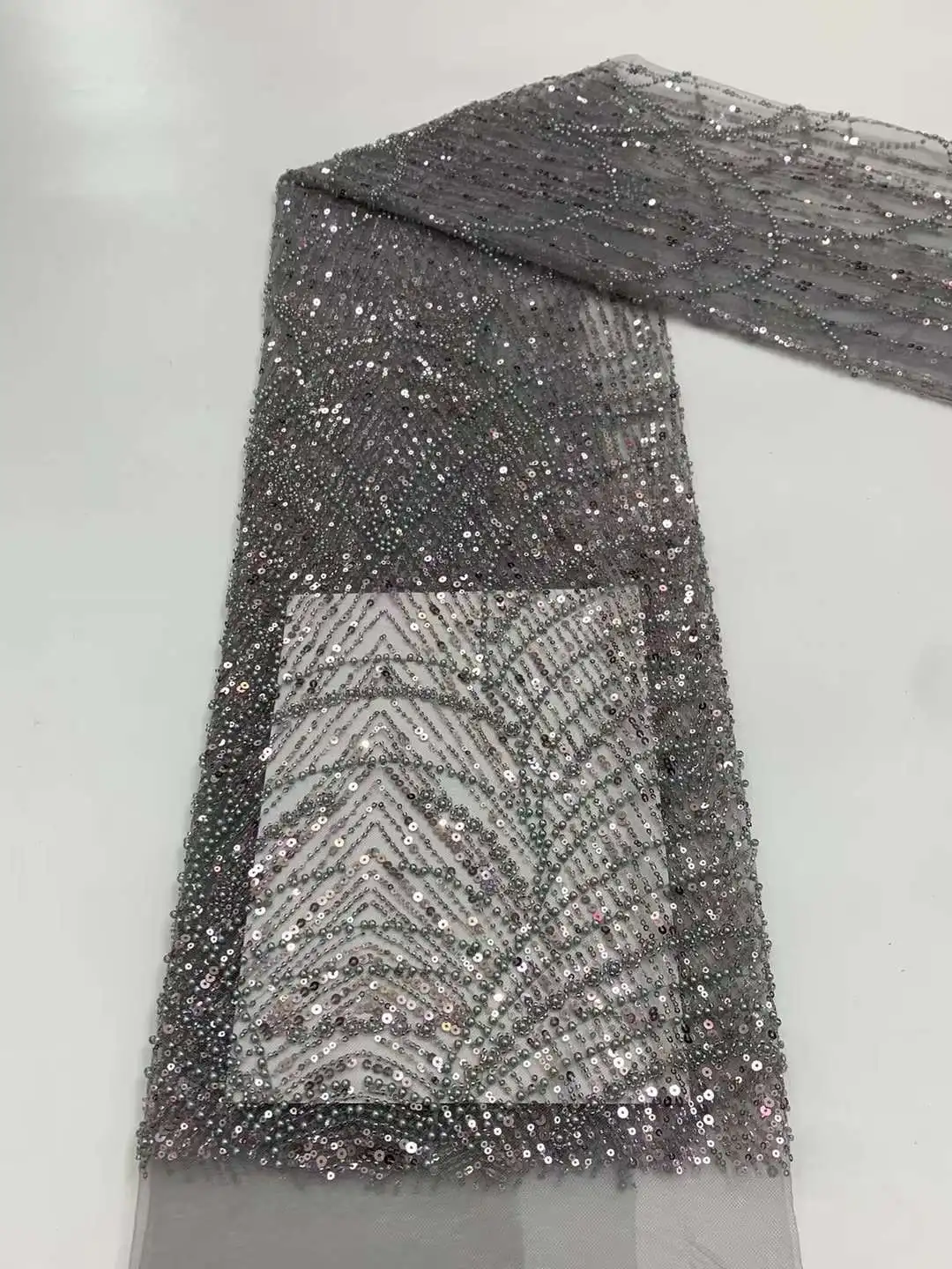 

New Design Grey Color High-End Handmade Beaded Embroidery French Lace Wedding Dress Embroidered Tulle Fabric for Party Cloth