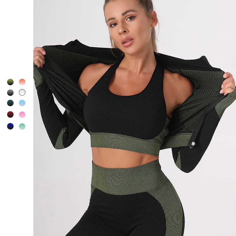 

Spring Summer Yoga Set Women Quick Dry Gym Clothes 3-piece Suit High Waist Legging Long Sleeve Workout Sportswear