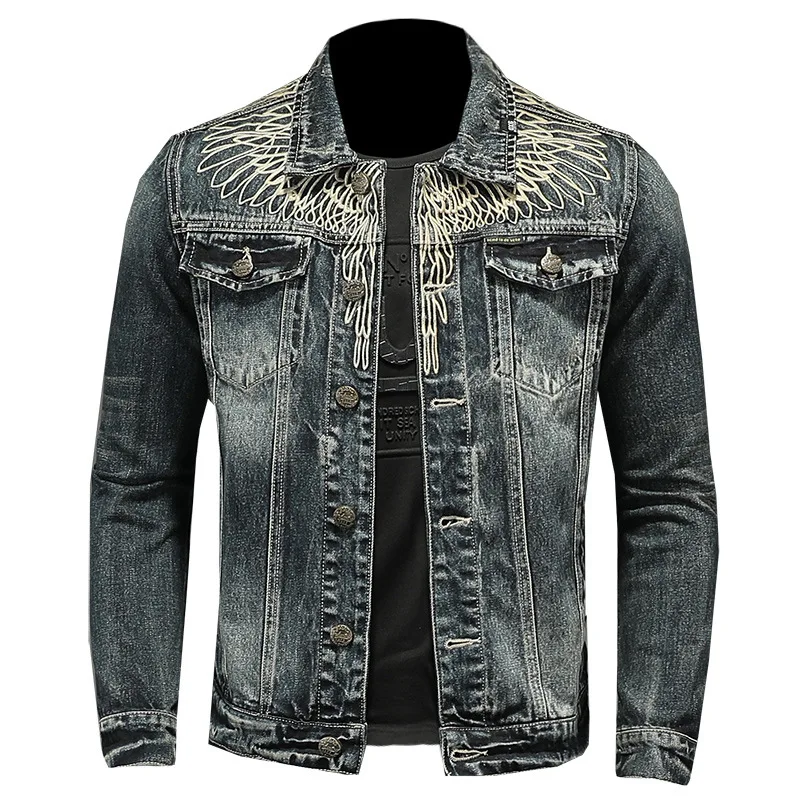 Wings Embroidered Denim Jacket Mens Punk Rock Coat Motorcycle Biker