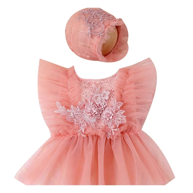 

F62D Newborns Photoshooting Props Headwear & Lace Romper Posing Clothes Shower Gift