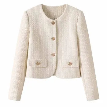 Female New Long Sleeves Tops Coat Spring Autumn Ladies Round Neck Solid Color Jacket Retro Women Fashion Leisure Short Outwear 1