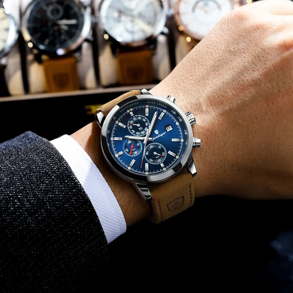 POEDAGAR Funktionale Herren-Armbanduhr mit Datum, wasserdicht, leuchtend, Chronograph, Leder, Quarz, Militäruhr + Geschenkbox_voghion.com