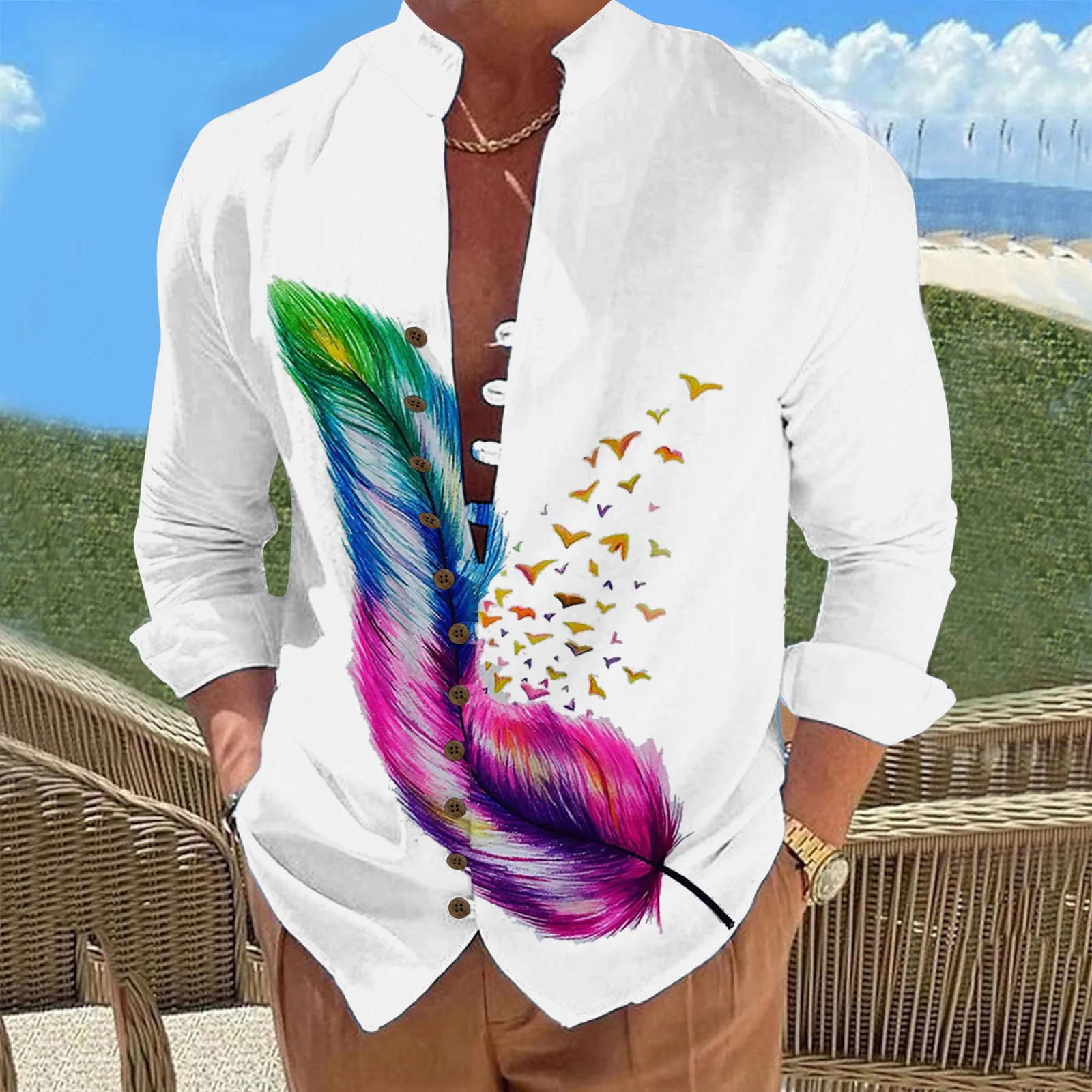 

Spring Autumn Rainbow Feather Printing Men'S Long-Sleeved Shirts Solid Stand-Up Collar Casual Style Plus Size White Shirts 2023