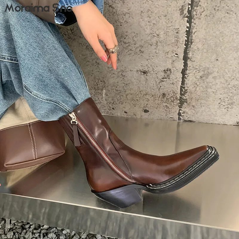 Retro Handsome Chelsea Short Boots Autumn and Winter Fashion Pointed Toe Thick Heel Mid-Heeled Boots Personalized Women's Boots