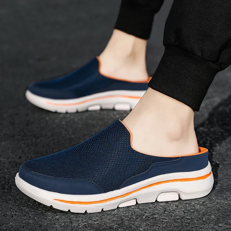 Men's half slippers Summer breathable mesh men's shoes Outdoor casual walking shoes Large flat light mesh slippers Sandals
