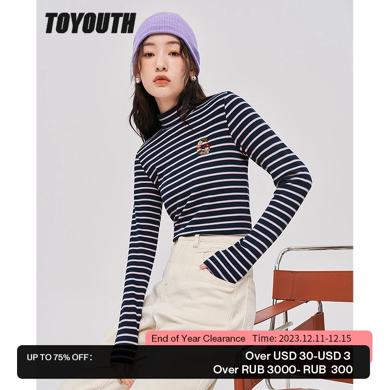 

Toyouth Women Bottoming T-shirts 2022 Winter Long Sleeve Half Turtleneck Slim Fit Stretch Tees Striped Basic All Match Tops