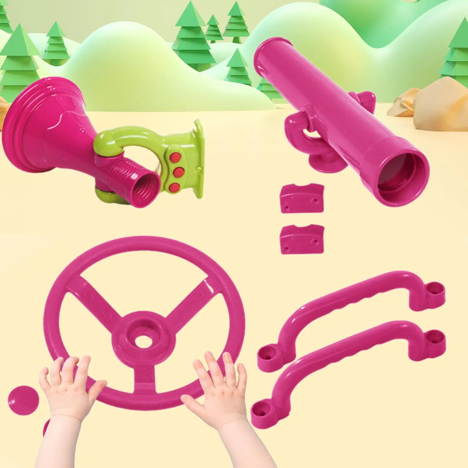 4x Playground Accessories Pink Parts Trumpet Playset Pirate Ship Wheel for Kids for Swingset Backyard Treehouse Ages 3 Older