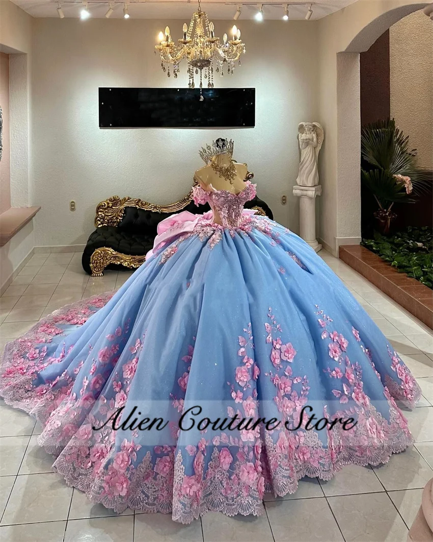 Blue Quinceanera Dresses Princess Bead Crystals Birthday Gowns Pink 3D Flower Appliques Vestidos De 15 Wit Bow Customized