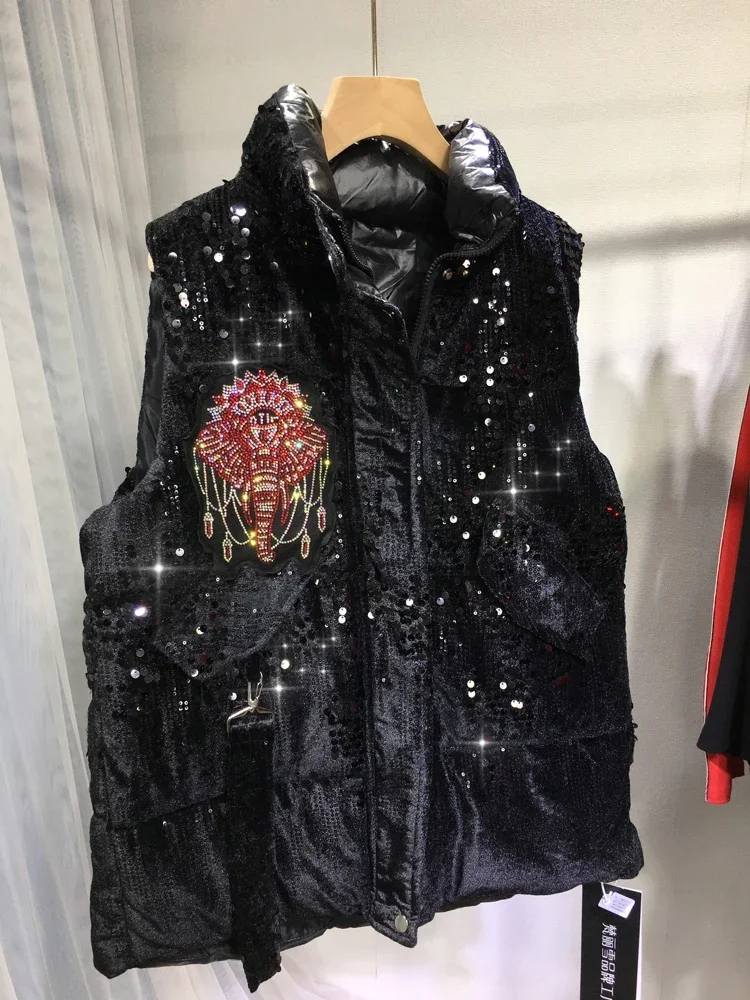 Thicken Quilted Cotton Vests Coat for Women Luxury Sequins Hot Drilling Stand Collar Streetwear Autumn Winter Wadded Jackets