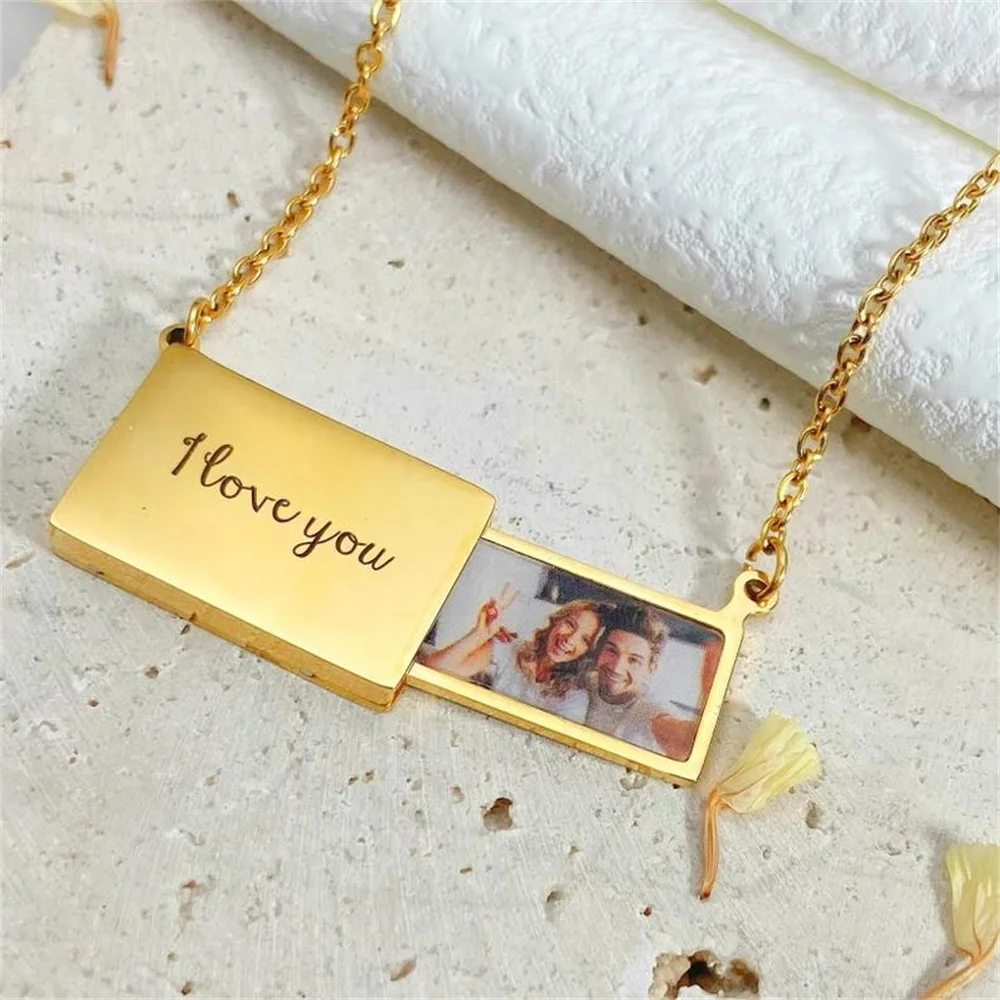 Custom Engraving Photo Locket Necklace Personalized Love Letter Envelope Photo Pendant Locket Couple Necklace Mother's Day Gift