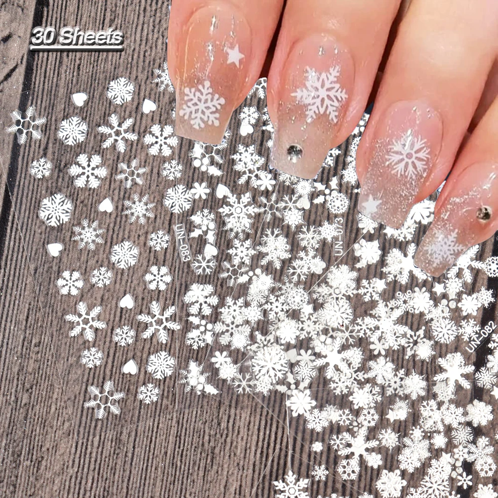 30 Sheets Christmas Nail Art Stickers Self Adhesive 3D White Snowflake Nail Decals Xmas Nail Supplies Christmas Manicure Sliders 3