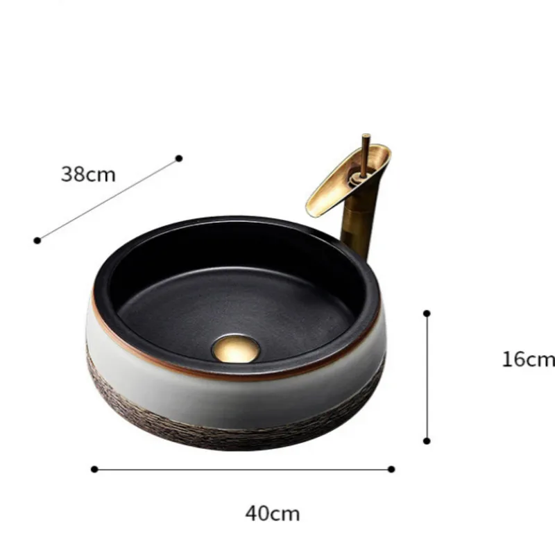 Antique Bathroom Sink Round Bowl Basin Washroom Ceramic Washbasin Balcony Countertop Art Basin with Faucet 2