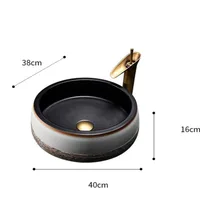 Antique Bathroom Sink Round Bowl Basin Washroom Ceramic Washbasin Balcony Countertop Art Basin with Faucet 2