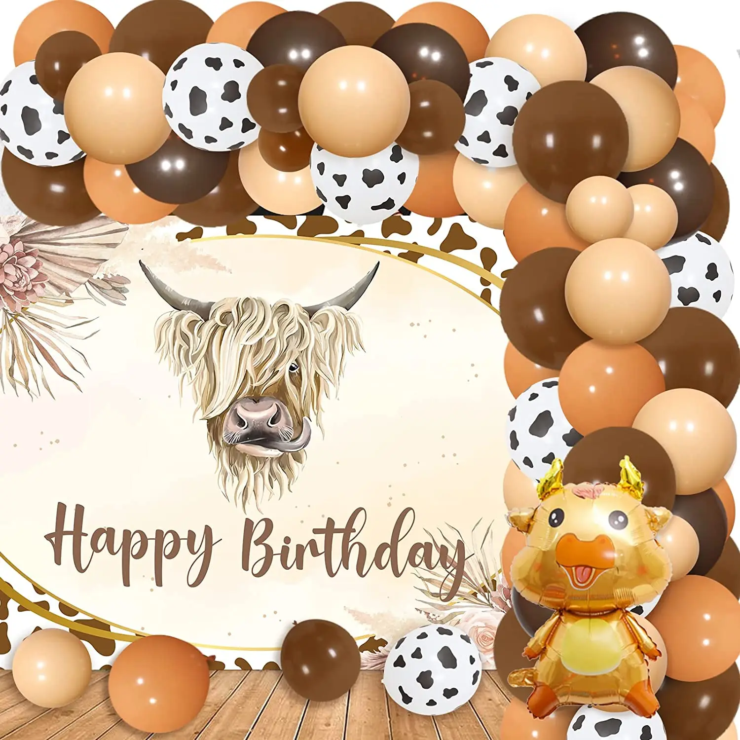 

JOYMEMO Highland Cow Birthday Party Decorations for Boys Brown Highland Cattle Birthday Backdrop Farm Cow Print Balloons Garland