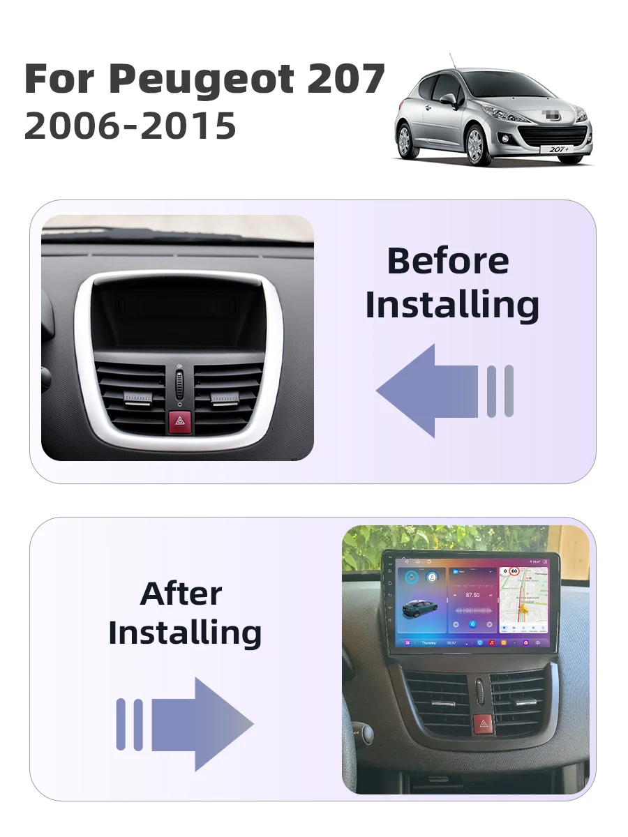 Srnubi T20 UIS7865 Für Peugeot 207 207CC 2006-2015 Autoradio Auto-Videoplayer CarPlay Android Auto 4G GPS Kein 2-DIN 2din DVD – Detail 1