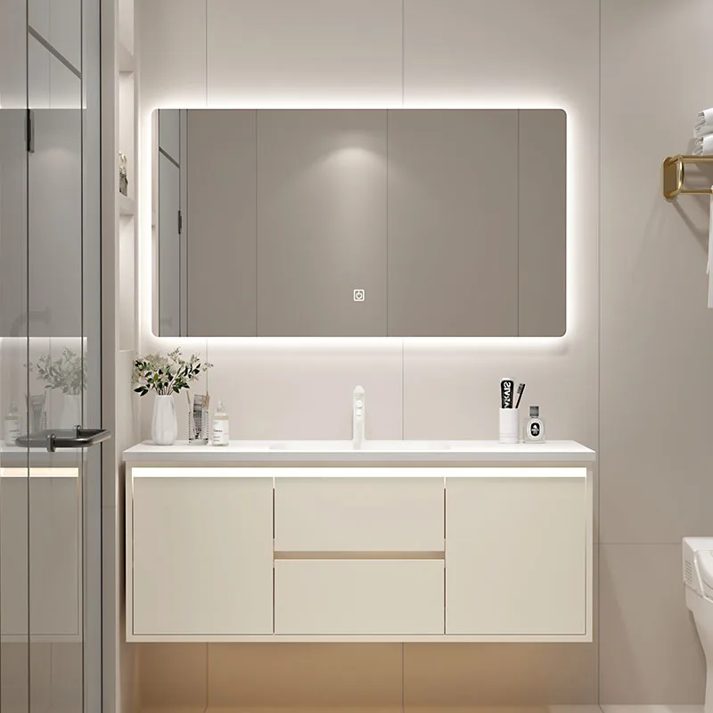 Bathroom ceramic integrated basin simple bathroom cabinet combination hand washbasin light luxury smart washstand mirror cabinet