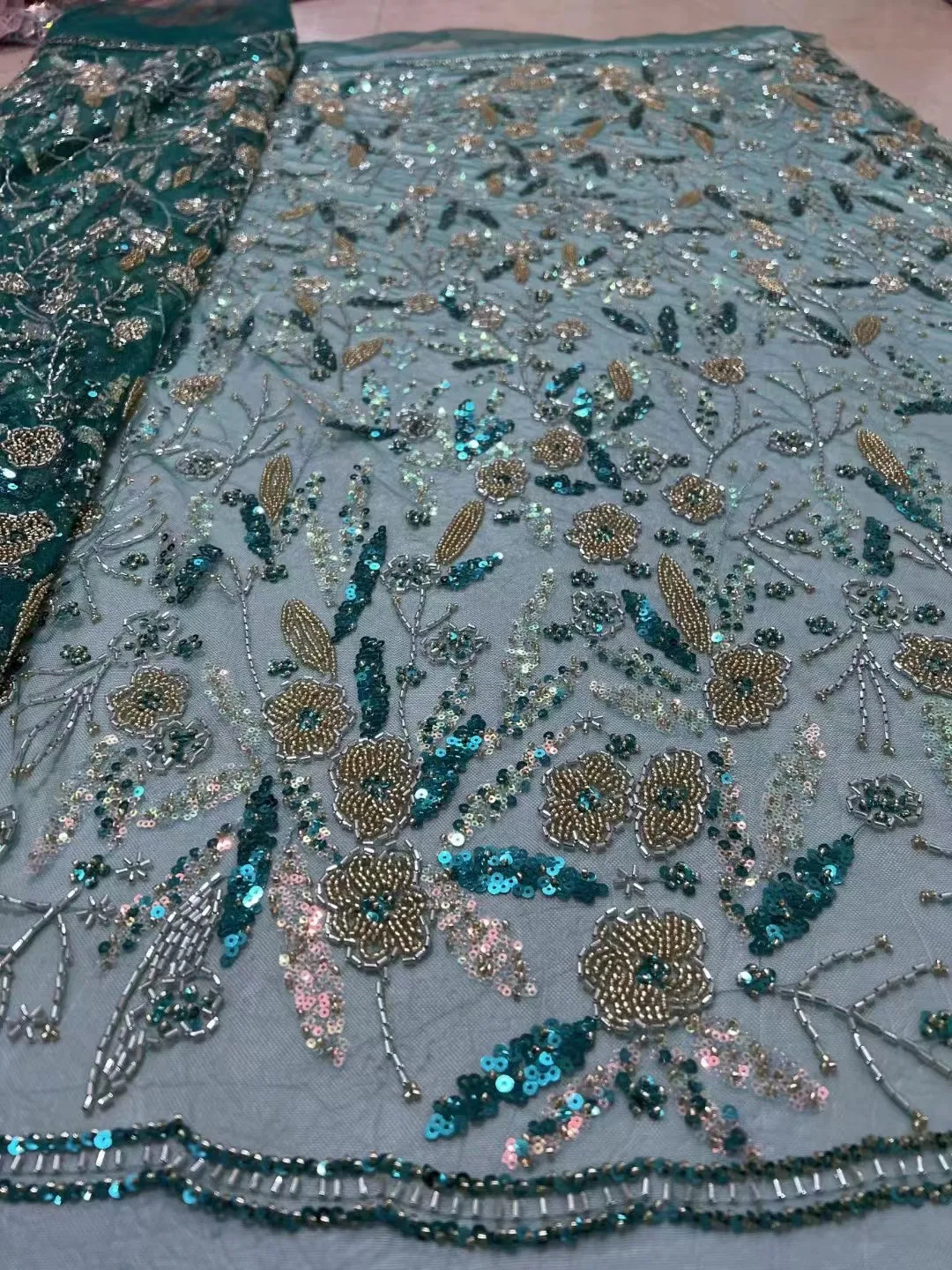 

Green African Beaded Lace Fabric 2023 High Quality Luxury Lace French Nigerian Embroidery Tulle Sequins Lace Fabrics For Wedding
