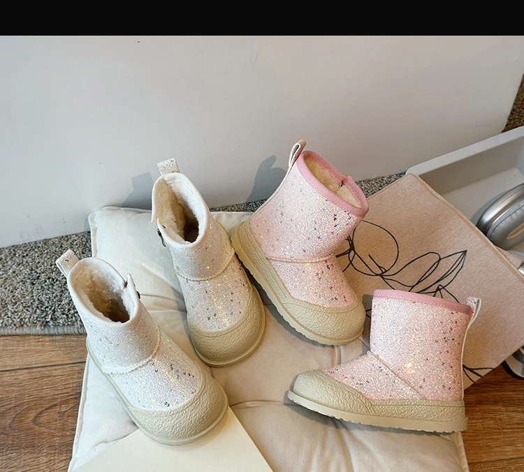 Bottes à paillettes en coton pour filles, taille 26-36, nouveau style hiver 2024, plus veet, deuxième chaussures décontractées pour enfants et bébé_voghion.com