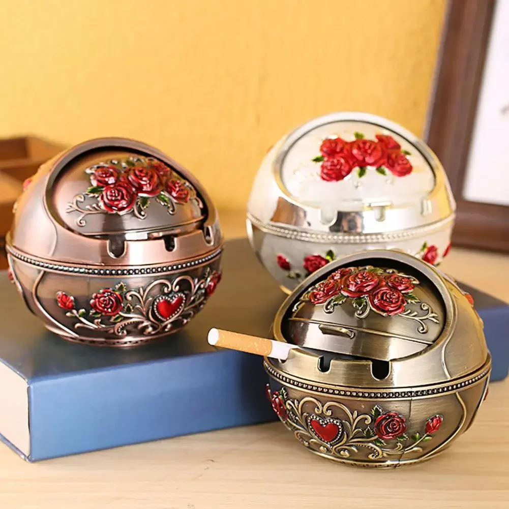Portable Ashtray Windproof Ash Tray Vintage Zinc Alloy Flower Pattern Globe-Cigarette Ashtray Lid-Tabletop